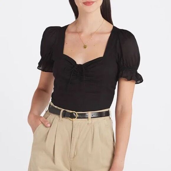 1.STATE Women's Puff Sleeve Cinched Front Sweetheart Top In Black - Picture 2 of 13